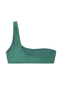 Bralette deportivo en color verde azulado con un diseño sin costuras, tirantes anchos y una textura suave. Sin relleno, adecuado para prendas de actividad.