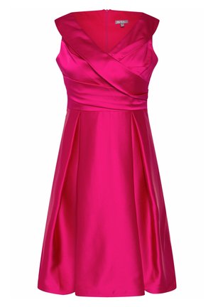 Rosa Satin-Kleid mit V-Ausschnitt, kurzen Ärmeln und plissierter Rockpartie. Verfügt über einen Reißverschluss auf der Rückseite und eine glatte, glänzende Textur.