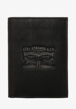 Black leather wallet featuring an embossed Levi Strauss & Co. logo and horses, with a textured surface and stitched edges.