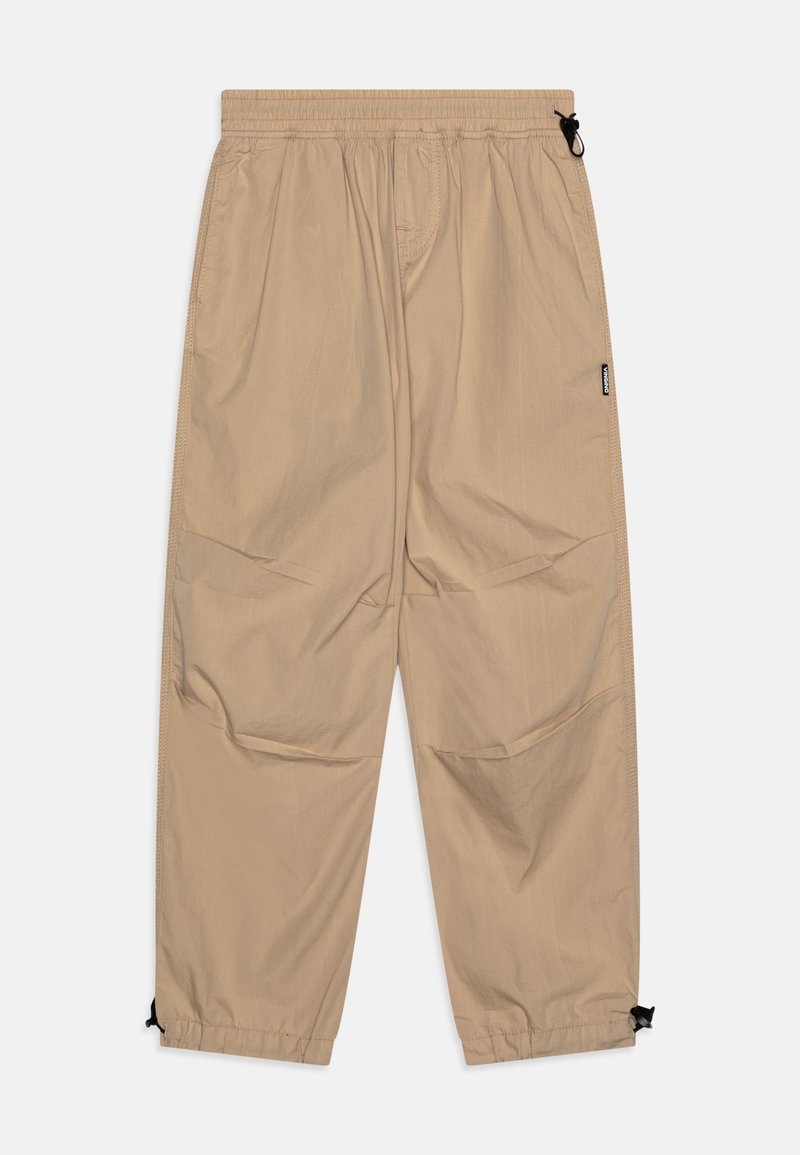 Pantalons légers beiges avec cordon de serrage à la taille élastique, poches latérales, panneaux de genoux renforcés et ourlets de cheville ajustables.