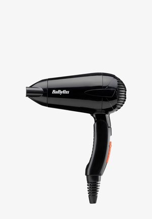 Musta hiustenkuivaaja, jossa on sileä runko, kapea suutin, teksturoitu takaverkkokarhentaminen ja oranssi virtapainike kaarevassa mustassa kahvassa.