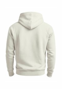 Back view of plain off-white hooded sweatshirt with long sleeves and ribbed cuffs and hem.