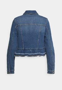 Džínová bunda s pruhovaným lemem, přiléhavým střihem a detaily švu na zadní části. Barva st�ředně modrá s hladkým povrchem.