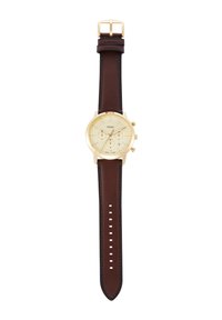 Montre Fossil ronde avec un boîtier doré, un cadran crème, un bracelet en cuir marron, des accents argentés et des fonctionnalités de chronographe. Fermeture à boucle.