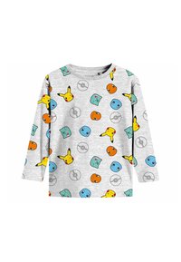 Gray long-sleeve T-shirt featuring colorful Pokémon characters and Pokéballs in a repeating pattern, made from soft cotton material.