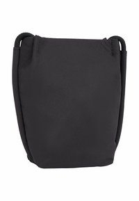 Borsa a spalla in tessuto nero con finitura testurizzata, base rotonda e doppi manici in corda nera. Presenta un design semplice e non decorato.