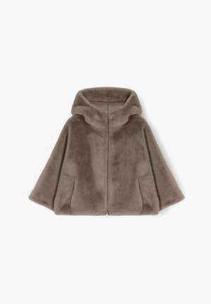 Faux fur hooded jacket in taupe met een ritsluiting, brede mouwen, twee zijzakken en een zachte, gestructureerde oppervlakte.