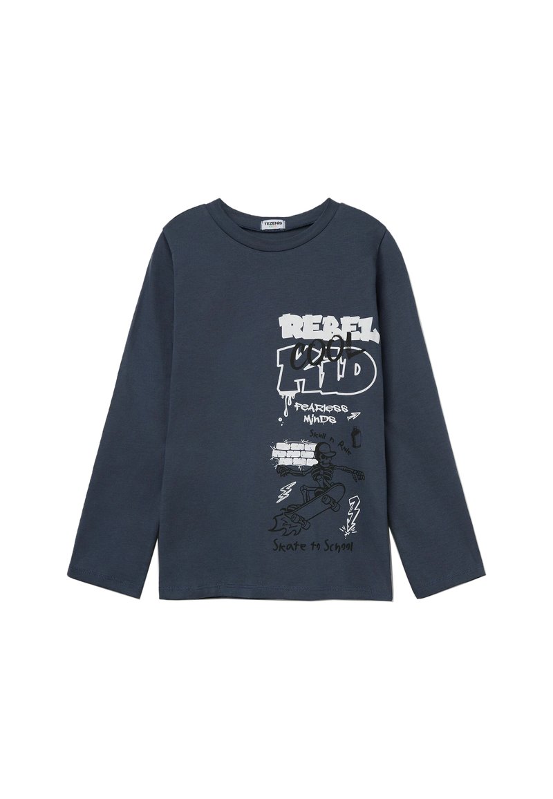 Langärmliges navy-blaues T-Shirt aus Baumwolle. Mit einem weißen und schwarzen grafischen Druck, einschließlich "Rebel Kid" und einem Skateboarder-Design.