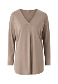 Langærmet top i blødt, taupe stof. V-halsdesign med plissering foran. Løs pasform med rundet kant.