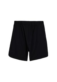 Pantalones cortos ligeros negros con cintura elástica, bolsillos laterales y ajuste relajado. Textura suave y diseño sencillo.