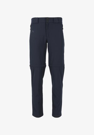 Pantaloni da escursionismo blu navy con una texture liscia, tasche con zip e sezione inferiore staccabile per versatilità. Presentano una chiusura a bottone e gancio.