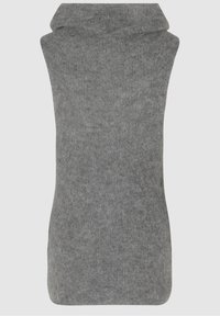 Ärmlös grå hoodie gjord av mjuk ull, med en stor draperad krage och en slät yta, med en enkel, minimalistisk design.