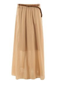 Falda maxi beige hecha de un tejido ligero, con una cintura elástica y un cinturón marrón como acento. Diseño fluido con un acabado texturizado.