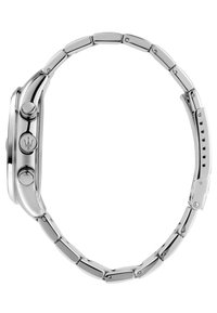 Orologio in acciaio inox argentato con cassa liscia e arrotondata e bracciale a maglie. Presenta pulsanti sul lato e un emblema sulla corona.