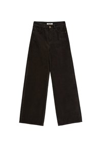 Pantalones de pana negros de pierna ancha de tiro alto con cinco bolsillos, cierre de botón en el frente y un sutil patrón texturizado.