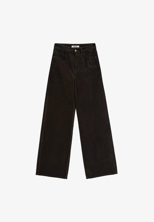 Pantalones de pana negros de pierna ancha de tiro alto con cinco bolsillos, cierre de botón en el frente y un sutil patrón texturizado.