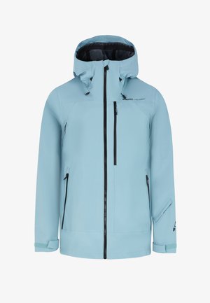 Lichtblauwe waterdichte jas met een capuchon, zwarte ritsen, meerdere zakken en verstelbare manchetten. Glad textuur met een minimalistisch ontwerp.