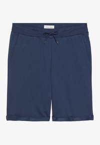Námořnické modré šortky z měkké tkaniny, s elastickým pasem a šňůrkou, bočními kapsami a ohrnutými manžetami.