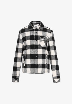 Mustvalge ruuduline nööpidega jope krae, rinna tasku klapiga ja kaks küljetaskut, esitatud valgel taustal.