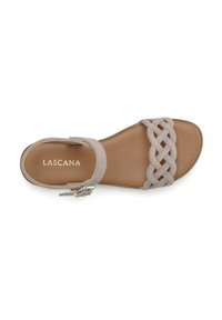 Beige suede sandal with a braided strap design, adjustable ankle buckle, and a tan cushioned footbed. Lascana branding visible.