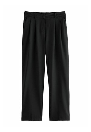 Pantaloni neri in tessuto liscio, con frontale piatto, pince, gambe larghe e passanti per cintura. Nessun motivo o accento visibile.