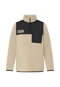 Beige fleecegenser med en svart overdel, halvglidelås krage, glidelåslomme på brystet og kontrasterende svart kant og mansjetter.