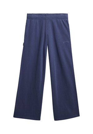 Pantaloni a gamba larga blu navy con vita elasticizzata, tasche laterali e logo "Superdry" discreto sulla coscia destra.