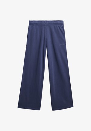 Marineblauwe wijde broek met elastische tailleband, zijzakken en subtiel 'Superdry' logo op de rechterdij.