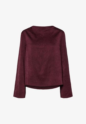 Burgunderfarbener Langarmoberteil mit strukturiertem Oberflächendesign und gerader Silhouette, rundem Halsausschnitt und lockerem Schnitt.