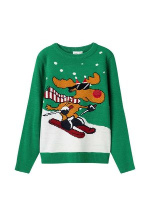 Pull en tricot vert avec un orignal en train de skier, doté d'un panneau inférieur blanc. L'orignal porte des lunettes de soleil et une écharpe rouge, avec des flocons de neige au-dessus.