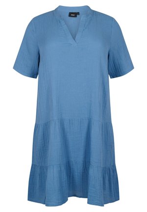 Loszittende blauwe jurk met korte mouwen van getextureerde stof, V-hals en gelaagde ruches aan de zoom.