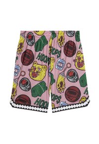 Pantalones cortos de baloncesto de malla rosa que presentan gráficos vibrantes de un gato, balones de baloncesto y varios íconos, con un dobladillo de patrón en zigzag.