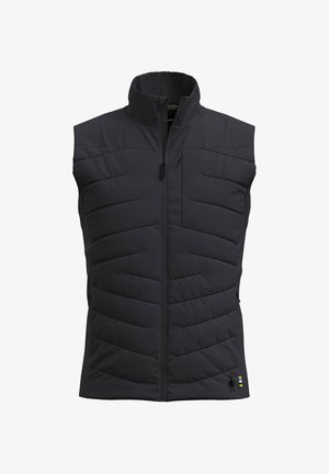 Chaleco negro sin mangas con cuello alto, con patrones acolchados y cierre frontal con cremallera. Incluye un pequeño bolsillo con cremallera en el pecho.