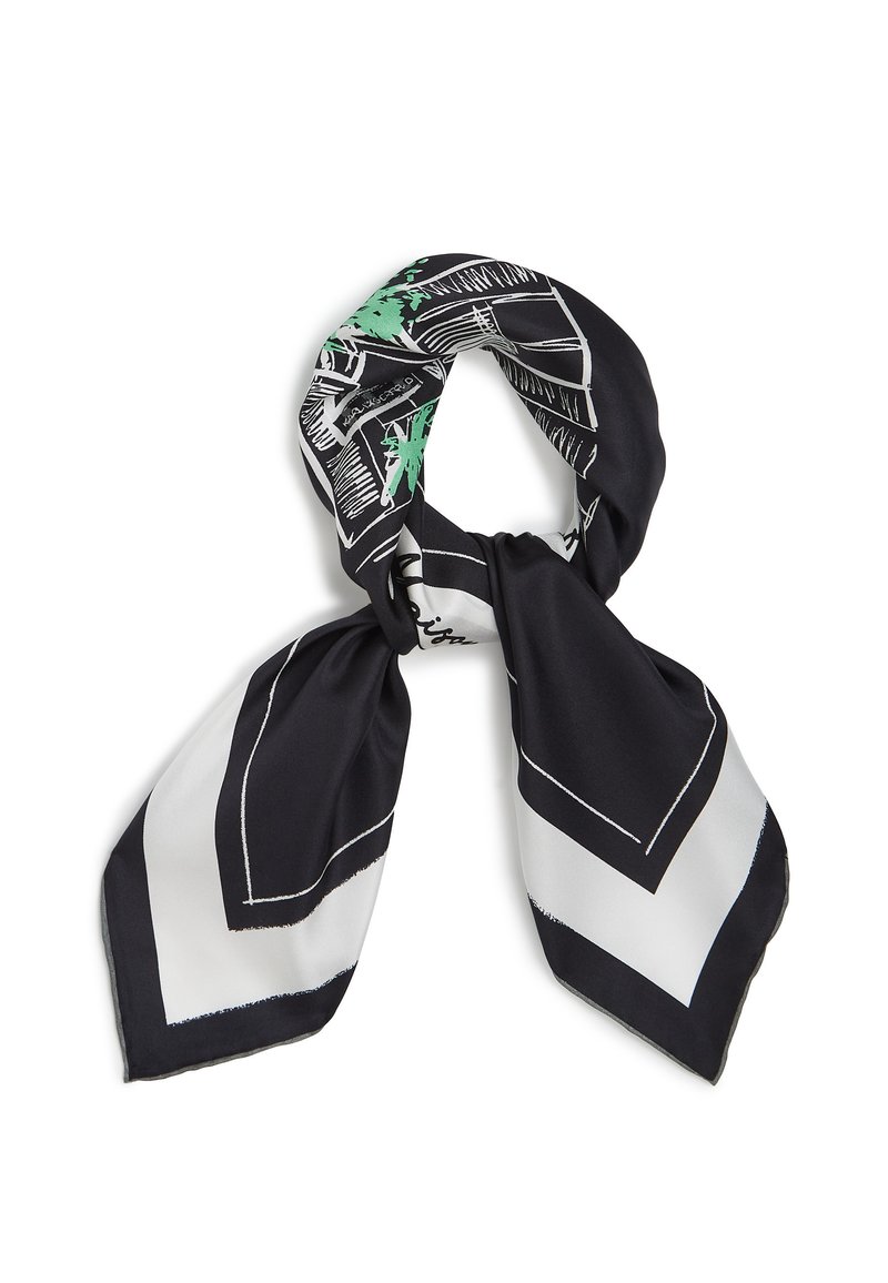 Foulard di seta con base nera decorata da motivi geometrici bianchi e verdi. Tessuto morbido, estremità triangolari e delicata cucitura del bordo.