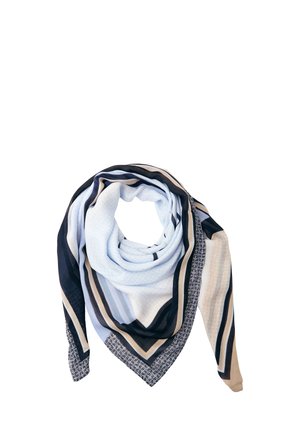 Écharpe aux motifs bleu clair, noir, beige et blanc, pliée en boucle avec des dessins géométriques et rayés.