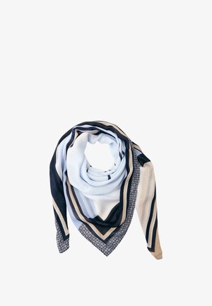 Écharpe aux motifs bleu clair, noir, beige et blanc, pliée en boucle avec des dessins géométriques et rayés.