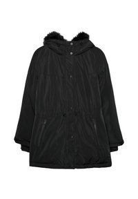 Čierna izolovaná bunda s kapucňou a umelou kožušinou, so zipsovými bočnými vreckami a nastaviteľnou šnúrkou v pase. Mäkka, hladká textúra.