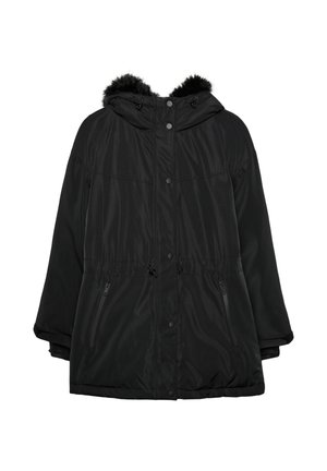 Čierna izolovaná bunda s kapucňou a umelou kožušinou, so zipsovými bočnými vreckami a nastaviteľnou šnúrkou v pase. Mäkka, hladká textúra.