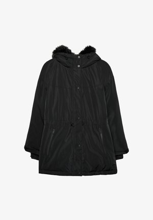 Čierna izolovaná bunda s kapucňou a umelou kožušinou, so zipsovými bočnými vreckami a nastaviteľnou šnúrkou v pase. Mäkka, hladká textúra.