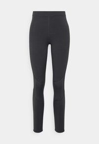 Leggings de sport noirs en matériau extensible ; affichent un design ajusté avec des détails en panneaux le long des jambes. Texture lisse, coupe longue.