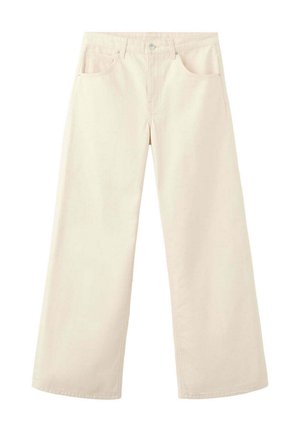 Wijde, hoogtaille crème broek met voorzakken, lussen voor riem en knoopsluiting, weergegeven op een witte achtergrond.