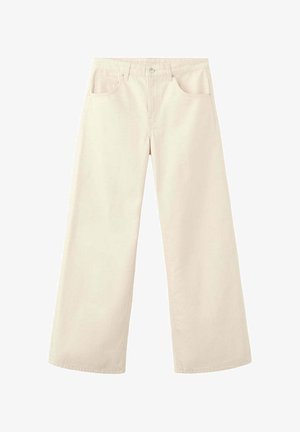 Wijde, hoogtaille crème broek met voorzakken, lussen voor riem en knoopsluiting, weergegeven op een witte achtergrond.