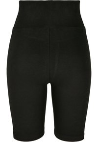 Schwarze, taillenhohe, enganliegende Shorts aus dehnbarem Material, die bis zur Mitte des Oberschenkels reichen, ohne sichtbare Logos oder Muster.