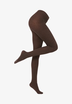 Hnědé strukturované punčocháče s jemným povrchem, které mají vysoký pas a elegantní design, jenž hladce obepíná nohu.