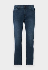 Dark blue denim jeans with a straight leg cut, featuring a button and zipper closure, five-pocket design, and subtle fading in the fabric.
