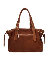 Sac à main en daim marron avec double poignées, une poche zippée à l'avant et des accents à cordon. Quincaillerie dorée complète le design.