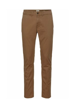Slim-fit, brune bomuldsbukser med en glat tekstur, forsynet med en knaplukning og forlommer. Simpelt, rent design uden synlige mønstre.