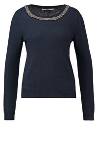 Pull en tricot bleu marine à manches longues avec un col rond orné de perles argentées.