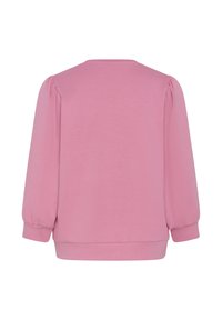Sweat-shirt rose à manches longues avec épaules froncées et poignets ajustés, montré de dos sur fond blanc.