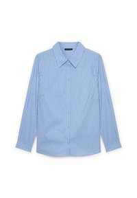Camisa de botón azul claro con rayas verticales blancas, de mangas largas y cuello puntiagudo. Presenta pequeños acentos de un patrón geométrico.